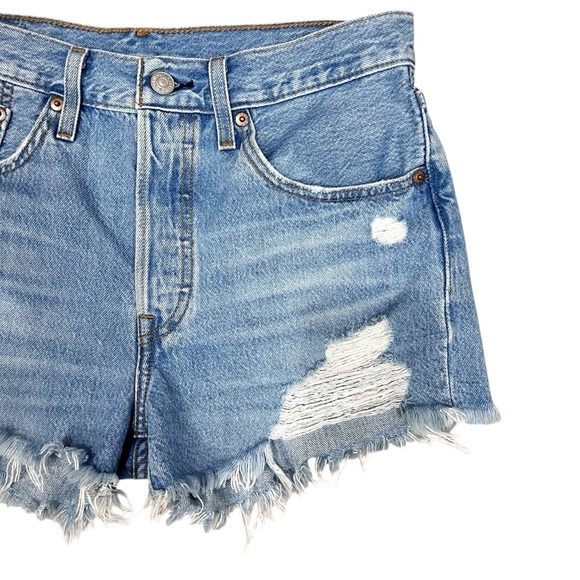 Levi’s 501 High Rise Button Fly Distressed Cutoff Rigid Denim Jean Shorts - Picture 4 of 9